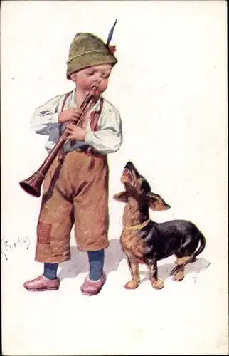 Künstler Ak Feiertag, K., Junge spielt Flöte, Dackel