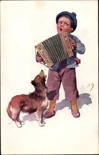 Künstler Ak Feiertag, Karl, Junge mit Akkordeon, Hund