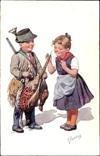 Künstler Ak Feiertag, Karl, Jäger mit Beute, Begeistertes Mädchen
