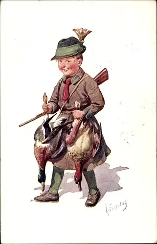 Künstler Ak Feiertag, Karl, Jäger mit Beute, Enten