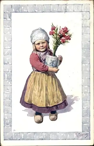 Künstler Ak Feiertag, Karl, Mädchen in niederländischer Tracht, Blumen