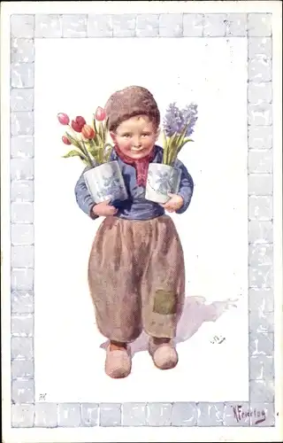 Künstler Ak Feiertag, Karl, Junge in niederländischer Tracht, Blumen
