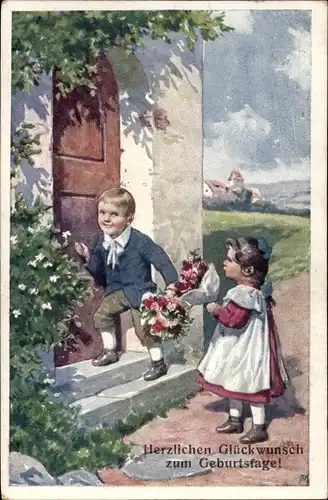 Künstler Ak Feiertag, Karl, Kinder klopfen an die Haustür, Blumenstrauß