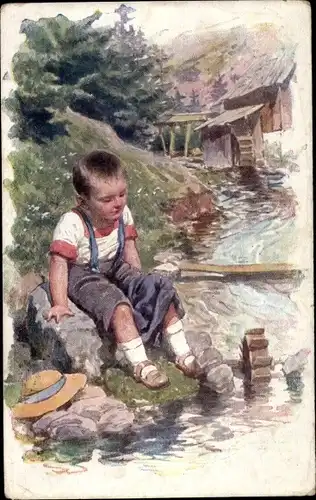 Künstler Ak Feiertag, Karl, Junge am Flussufer sitzend, Wassermühle, BKWI 502-4
