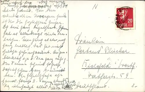 Ak Norwegen, Partie im Geirangerfjord, Felsen, Wasserfall