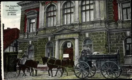 Ak Jelgava Mitau Lettland, Deutsches Zivilverwaltungsgebäude, Soldaten mit Pferdefuhrwerk