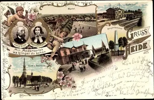 Litho Heide in Holstein, Klaus Groth, Sophie Dethleffs, Kirche, Markt, Bahnhof