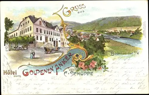 Litho Bodenwerder an der Weser, Hotel zum Goldenen Anker