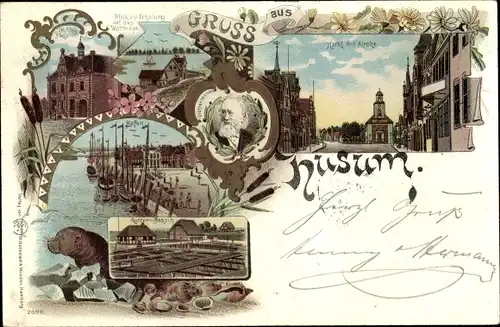 Litho Husum in Nordfriesland, Austern Bassin, Hafen, Markt mit Kirche, Rathaus, Robbe