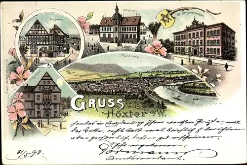 Litho Höxter an der Weser, Baugewerkschule, Rathaus, Tilly Haus, Panorama