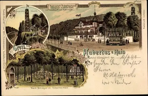 Litho Rath Düsseldorf am Rhein, Hubertus Hain, Restaurant, Aussichtsturm, Waldanlagen