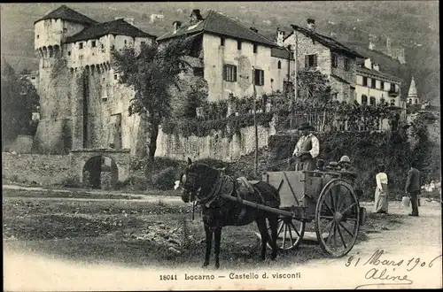 Ak Locarno Kanton Tessin Schweiz, Castello d. visconti, Fuhrwerk