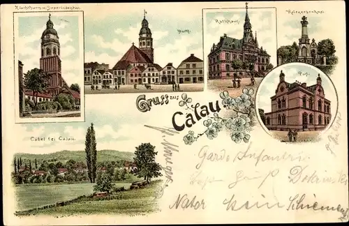Litho Calau in der Niederlausitz, Markt, Kirche, Rathaus, Post, Kriegerdenkmal, Cabel