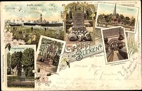 Litho Blexen Nordenham im Oldenburger Land, Anlegestelle, Kriegerdenkmal, Willehadus Brunnen