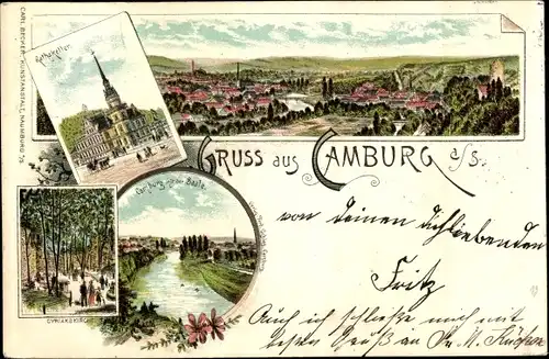 Litho Camburg in Thüringen, Rathskeller, Cyriakskirche, Saale, Panorama