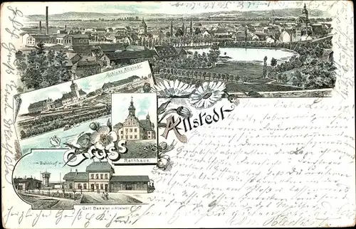 Litho Allstedt in Sachsen Anhalt, Panorama, Schloss, Rathaus, Bahnhof