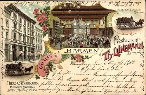 Litho Barmen Wuppertal, Restaurant Th. Lunemann, Biergroßhandlung, Saal, Fuhrwerk