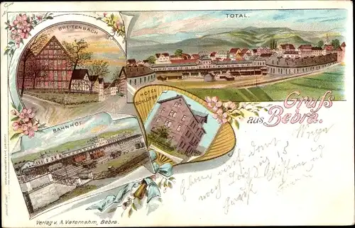 Litho Bebra an der Fulda Hessen, Totalansicht, Breitenbach, Bahnhof, Hotel Schlüter