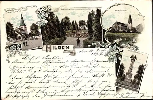 Litho Hilden im Rheinland, Marktplatz, Evangelische Kirche, Kaiser Wilhelm I. Denkmal