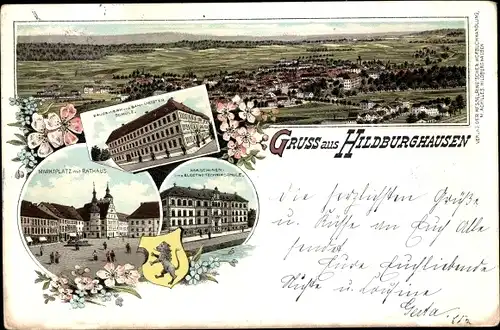 Litho Hildburghausen Thüringen, Panorama, Marktplatz, Rathaus, Maschinen- u. Elektrotechnik Schule