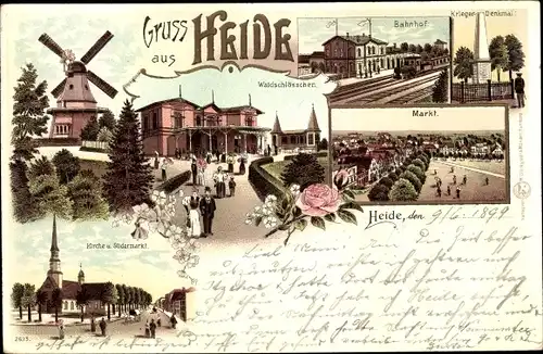 Litho Heide in Holstein, Windmühle, Kirche, Waldschlösschen, Bahnhof, Kriegerdenkmal