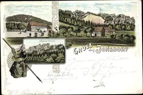 Litho Jonsdorf in Sachsen, Gasthof zum Schweizertal, Mühlsteinbrücke, Nonnenfelsen
