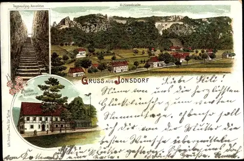 Litho Jonsdorf in Sachsen, Gesamtansicht, Mühlsteinbrüche, Nonnenfelsen, Gasthaus