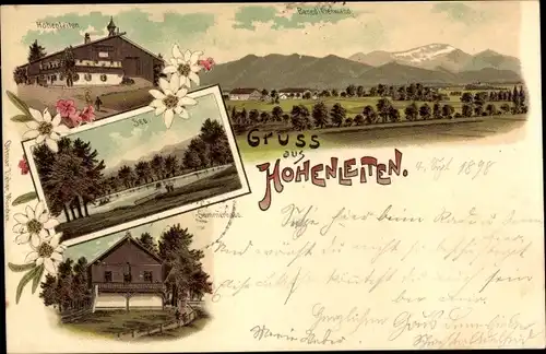 Litho Hohenleiten Eurasburg Oberbayern, Gasthaus, See, Sommerhaus, Panorama mit Benediktenwand