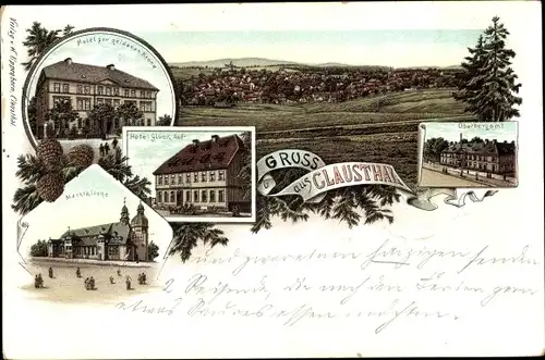Litho Clausthal Zellerfeld Oberharz, Hotel zur goldenen Krone, Oberbergamt, Hotel Glück Auf, Kirche