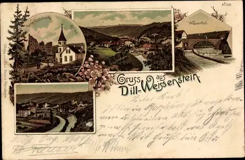 Litho Dillweißenstein Pforzheim im Schwarzwald, Ruine Rabeneck, Wasserfall, Totale