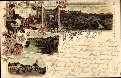 Litho Drosendorf an der Thaya Niederösterreich, Stadttor, Panorama, Stadtplatz, Wappen