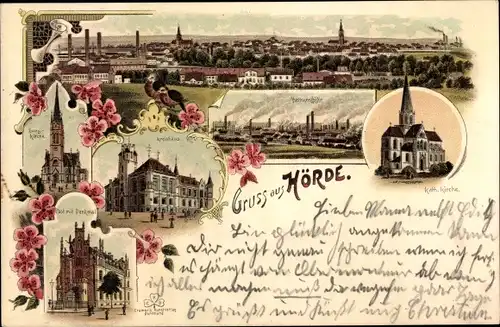 Litho Hörde Dortmund, Kreishaus, Kirche, Post, Hermannshütte, Panorama