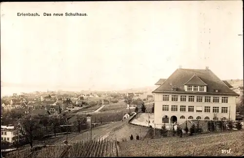 Ak Erlenbach im Simmental Kanton Bern, Das neue Schulhaus, Panorama