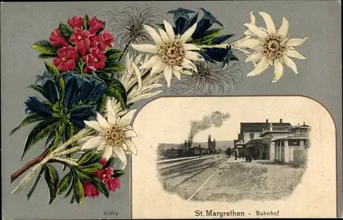 Passepartout Ak Sankt Margarethen Kanton Sankt Gallen Schweiz, Bahnhof Gleisseite, Edelweiß, Enzian