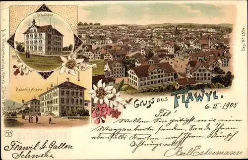 Litho Flawyl Flawil Kanton Sankt Gallen, Schulhaus, Bahnhofstraße, Panorama