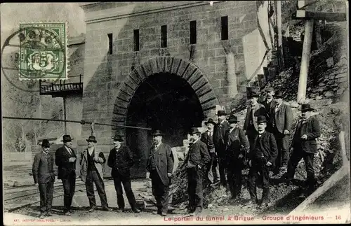 Ak Brigue Brig Glis Kanton Wallis, Tunnel du Simplon, Simplontunnel, portail du tunnel, Ingenieurs