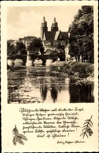 Ak Plauen im Vogtland, Panorama mit Brücke und Kirche, Gedicht