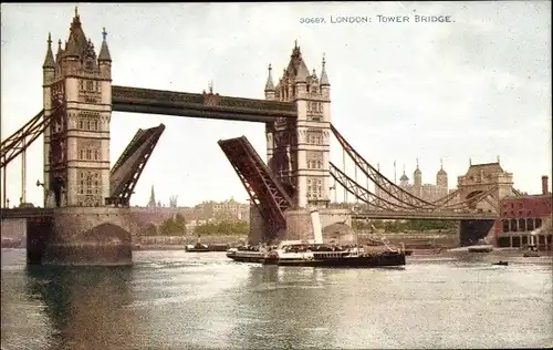 Ak London City England, Tower Bridge, Schiffe, Fluss, Brücke