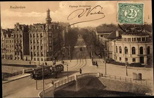 Ak Amsterdam Nordholland Niederlande, Plantage Middenlaan, Brücke, Straßenbahn