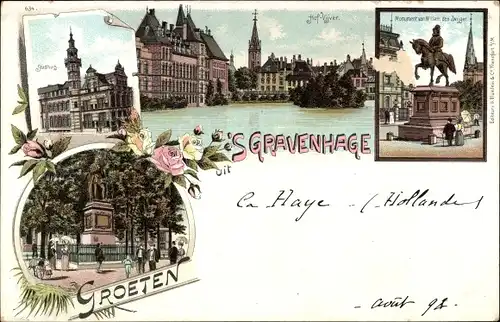 Litho 's Gravenhage Den Haag Südholland, Monument, Stadhuis, Hofvijver