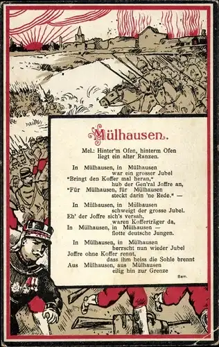 Ak Mulhouse Mülhausen Elsass Haut Rhin, deutsche Soldaten, Schlacht, Joseph Joffre, Gedicht