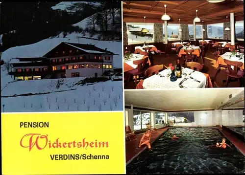 Ak Verdins Schenna Scena Südtirol, Pension Wickertsheim, Außenansicht, Speiseraum, Pool
