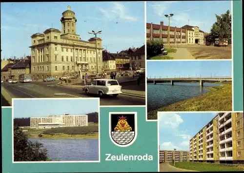 Ak Zeulenroda Thüringen, FDGB Erholungsheim Talsperre, Rathaus, Auto, Kreiskulturhaus DSF, Wappen