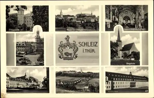 Ak Schleiz in Thüringen, Kirche, Schloss, Bergkirche, Marktbrunnen, Rathaus, Neue Siedlung