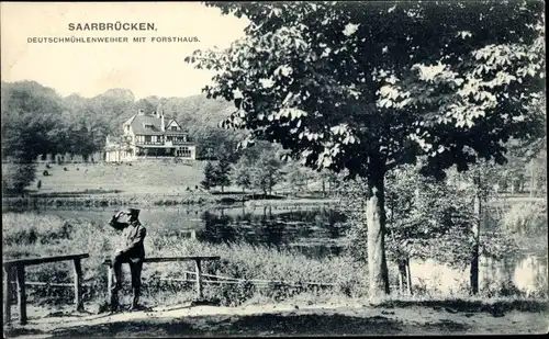 Ak Saarbrücken im Saarland, Deutschmühlenweiher mit Forsthaus