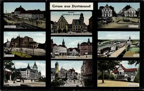 Ak Dortmund im Ruhrgebiet, Rathaus, Hafen, Stadttheater, Hauptbahnhof, Oberpostdirektion