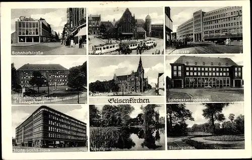 Ak Gelsenkirchen im Ruhrgebiet, Bahnhofstraße, Hauptbahnhof, Sparkasse, Polizeiamt, Hans Sachs Haus