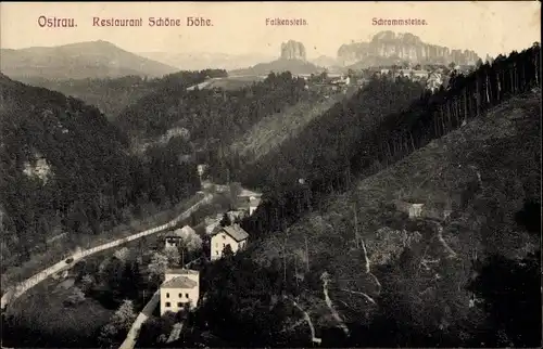 Ak Ostrau Bad Schandau Sächsische Schweiz, Restaurant Schöne Höhe, Falkenstein, Schrammsteine