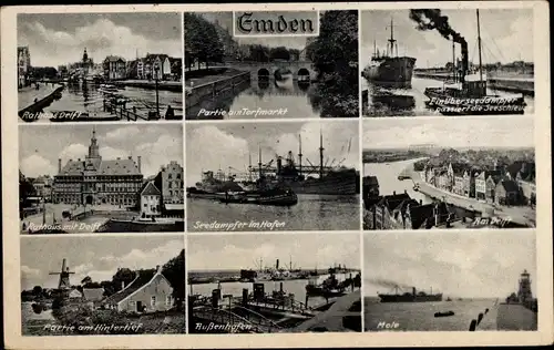 Ak Emden in Ostfriesland, Stadtansichten, Außenhafen, Hintertief, Rathaus, Torfmarkt, Mole, Delft