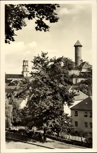 Ak Auerbach im Vogtland, Blick von der Wartehalle auf Schlossturm und Stadtkirche